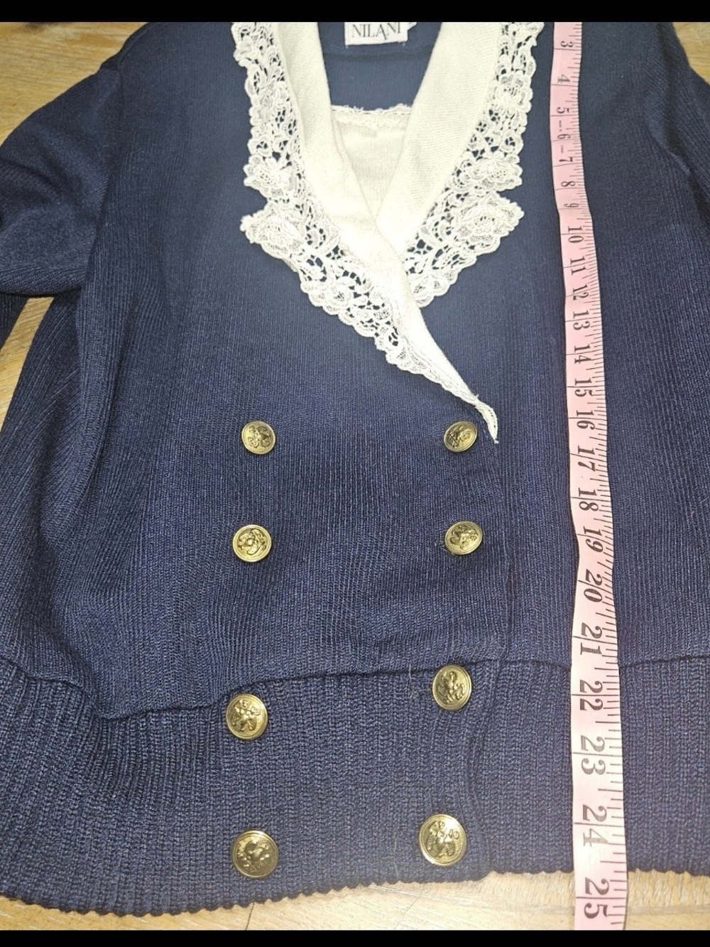 Vintage Nilani Navy Blue Off White Lace Trim knit Cardigan Coquette Sweater M - Picture 7 of 13